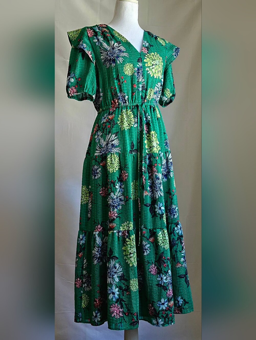 ​LOFT Floral Tiered Midi Dress Green Ruffle Sleeve Size XS - Picture 7 of 16